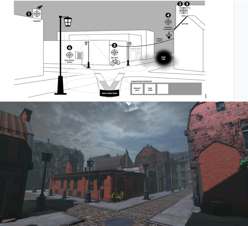 Environment as presented from the game designers in the spec, vers final render in Unity